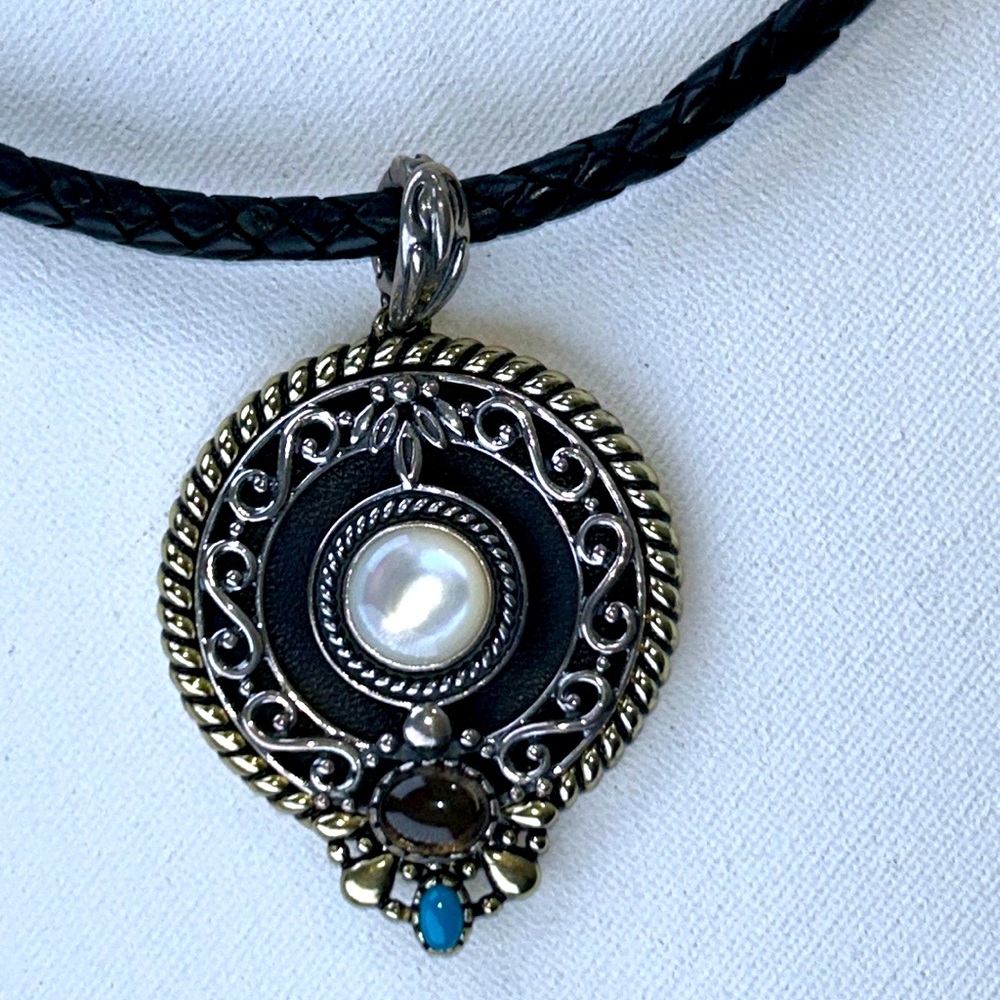 NWOT Carolyn Pollack Sterling Silver Brass Leather Gemstone Necklace Equestrian
